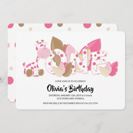 Roze Giraffe Eerste uitnodiging van de verjaardag (Voorkant / Achterkant)