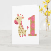 Roze Giraffe eerste verjaardag Kaart (Gele Bloem)