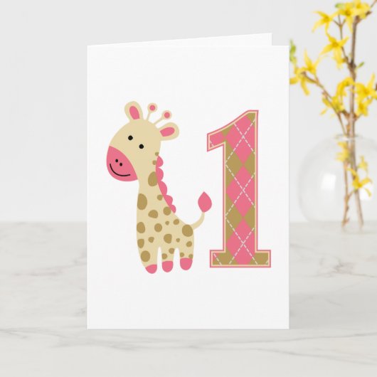 Roze Giraffe eerste verjaardag Kaart (Gele Bloem)