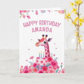 Roze Giraffe en Bloemen Taart Verjaardag Kaart (Gele Bloem)