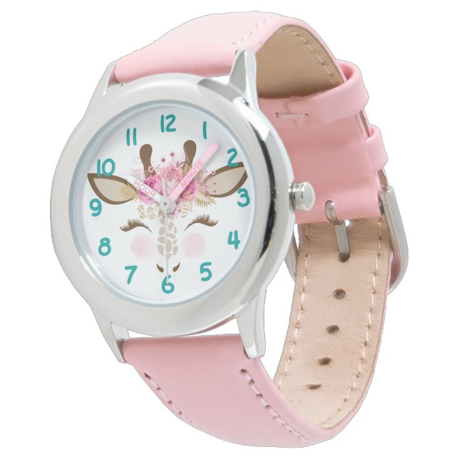 Roze Giraffe gezicht Kinder Horloge (Gekanteld)