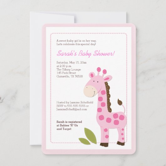 Roze Giraffe Girl Baby shower Kaart (Voorkant)