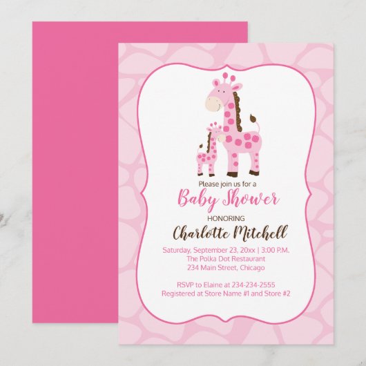 Roze Giraffe Girl Baby shower Kaart (Voorkant / Achterkant)