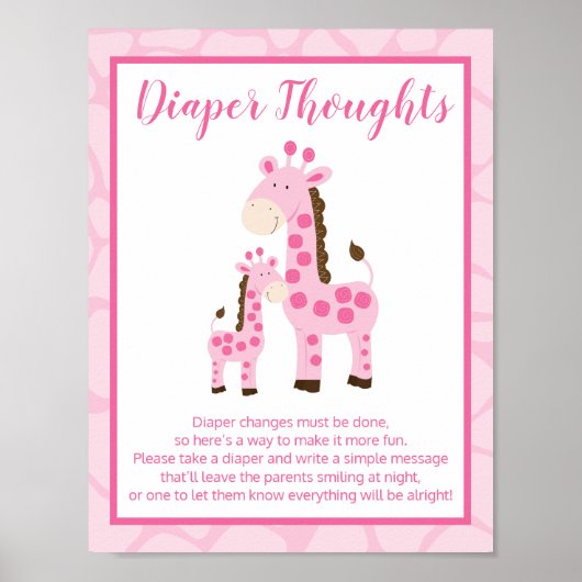 Roze Giraffe Girl Diaper Thoughts Baby shower Game Poster (Voorkant)