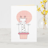 Roze Giraffe in Hot Air ballonmeisje, 1e verjaarda Kaart (Gele Bloem)