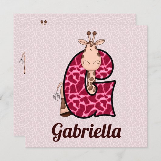 Roze Giraffe Letter G Birthday Party Kaart (Voorkant / Achterkant)