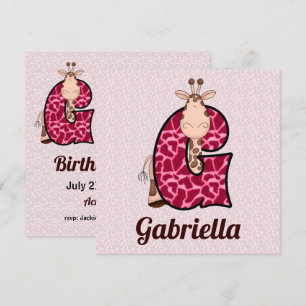 Roze Giraffe Letter G Birthday Party Kaart