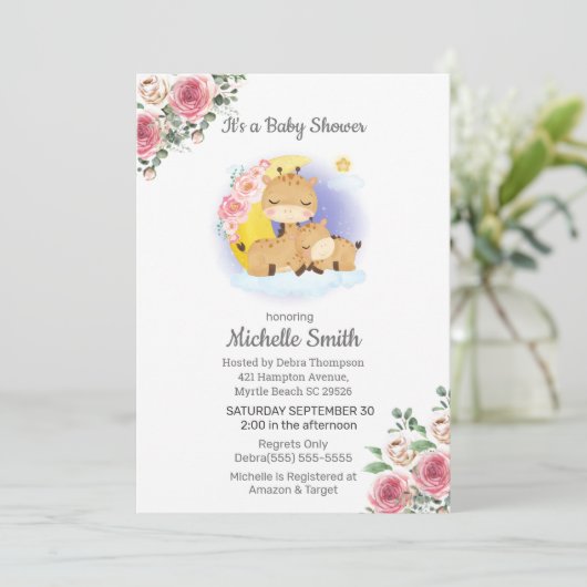 Roze Giraffe Mam Baby shower Kaart (Staand voorkant)