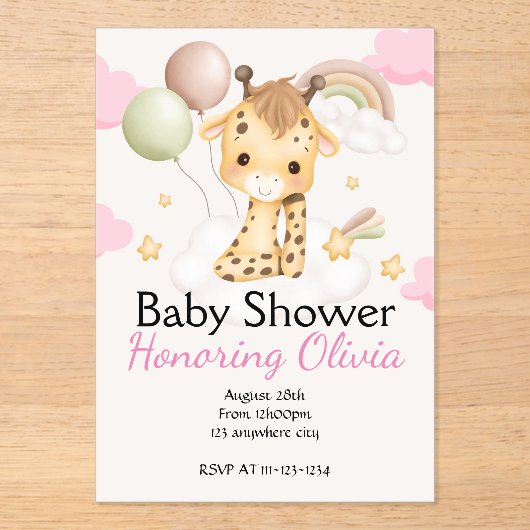 Roze Giraffe meisje BABY SHOWER UITNODIGING (Voorkant)
