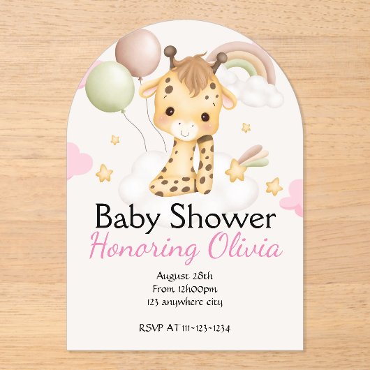 Roze Giraffe meisje BABY SHOWER UITNODIGING (Voorkant)