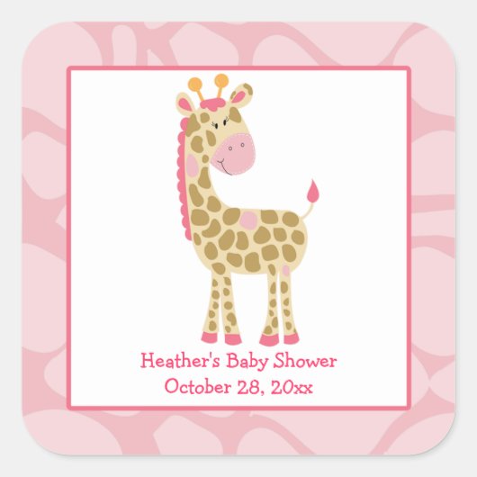 Roze Giraffe Meisje Safari Square Favor Stickers (Voorkant)