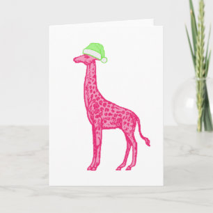 Roze Giraffe met groene kerstmuts Kaart