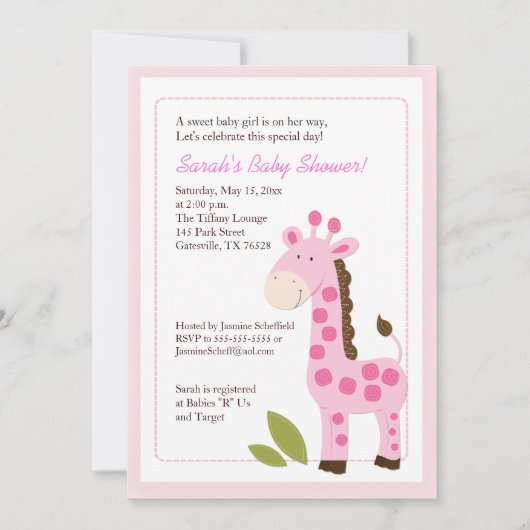 Roze Giraffe Oerwoud 5x7 Baby shower Kaart (Voorkant)