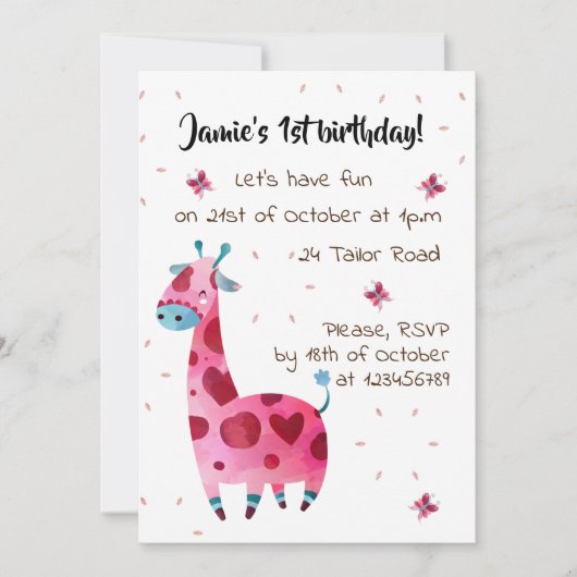 Roze giraffe op verjaardagsfeestje kaart (Voorkant)