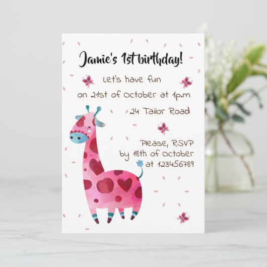 Roze giraffe op verjaardagsfeestje kaart (Staand voorkant)