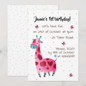 Roze giraffe op verjaardagsfeestje kaart (Voorkant / Achterkant)