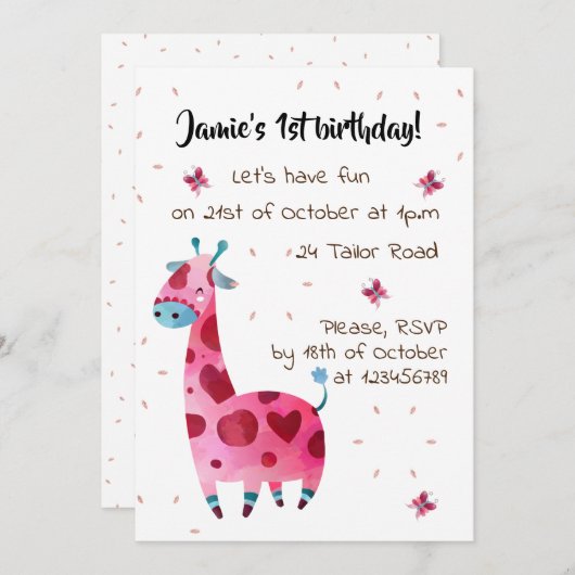 Roze giraffe op verjaardagsfeestje kaart (Voorkant / Achterkant)