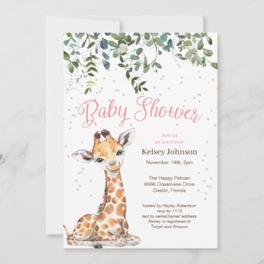 Roze Giraffe Safari Baby shower Uitnodiging (Voorkant)