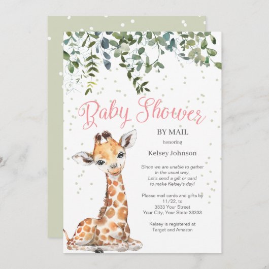 Roze Giraffe Safari per post Baby shower Kaart (Voorkant / Achterkant)