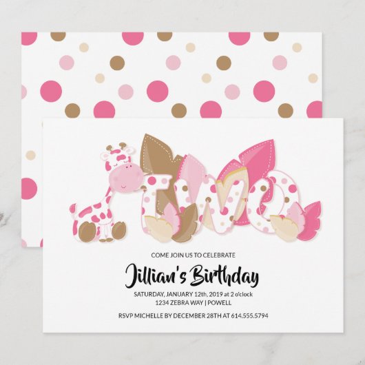 Roze Giraffe tweede verjaardagsfeestje Kaart (Voorkant / Achterkant)