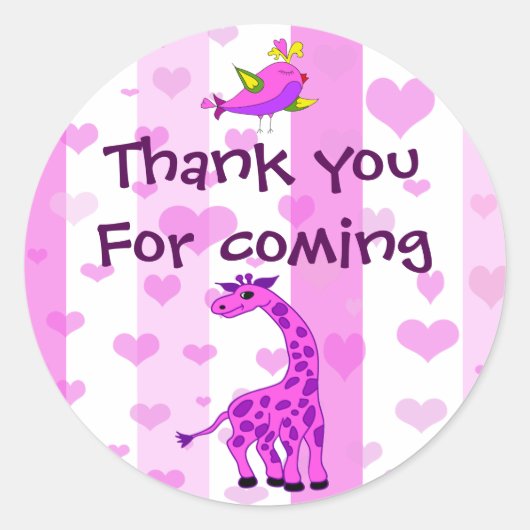 Roze Giraffe verjaardag bedankt Ronde Sticker (Voorkant)