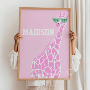 Roze Giraffe Zonnebrillen Custom Name Wall Art Poster