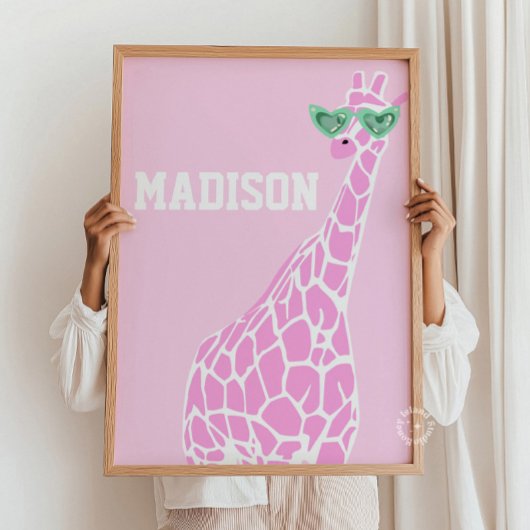 Roze Giraffe Zonnebrillen Custom Name Wall Art Poster