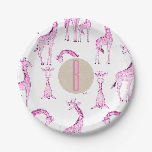 Roze Giraffes Baby shower Monogram Letter Initiaal Papieren Bordje (Voorkant)