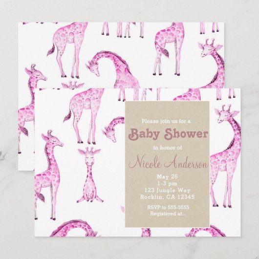 Roze Giraffes & Kraft Safari Whimsical Baby shower Kaart (Voorkant / Achterkant)
