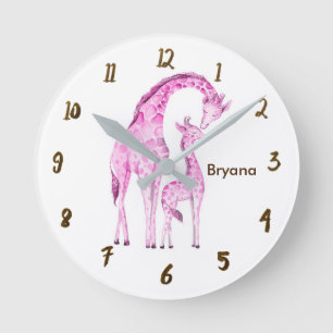 Roze Giraffes Oerwoud Nursery Room Gepersonaliseer Ronde Klok