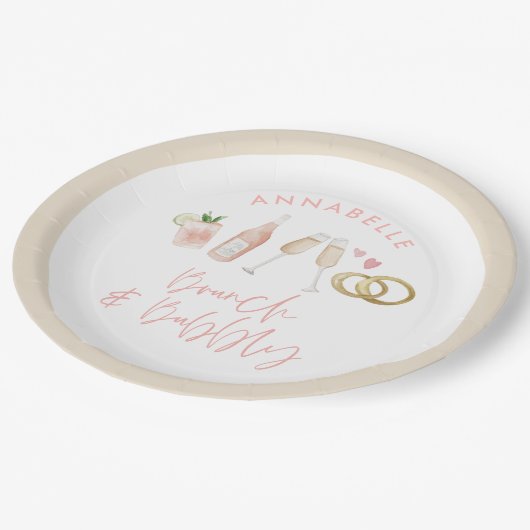 Roze, girale cocktailbrunch en bubbly bridal papieren bordje (Gekanteld)