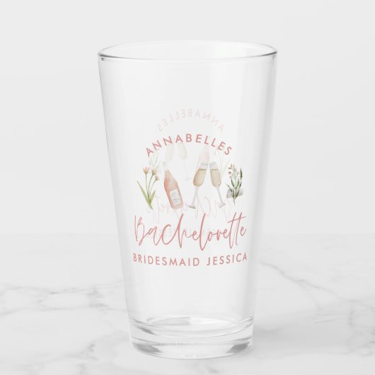 Roze, girale cocktailflorale waterverf bachelorett glas (Achterkant)