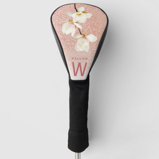 Roze girale glitter magnolia floral modern golfheadcover (Voorkant)