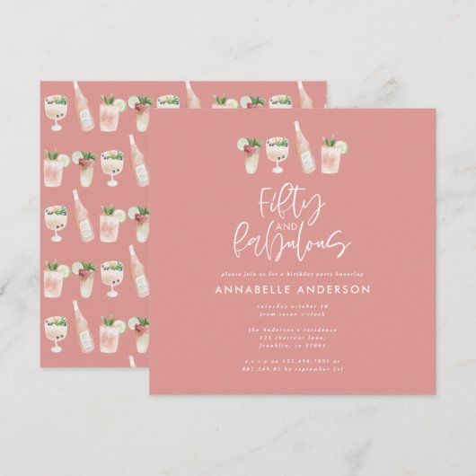 Roze, girale waterverf 50 en geweldige verjaardag  kaart (Voorkant / Achterkant)