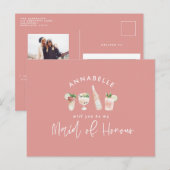 Roze, girale waterverf cocktaildienstmeid van erem uitnodiging briefkaart (Voorkant / Achterkant)