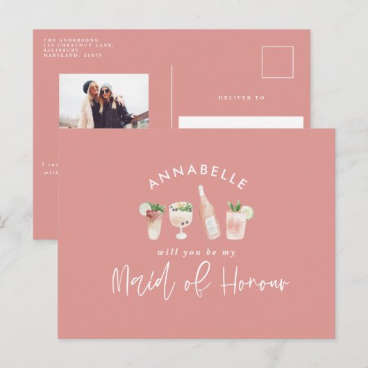 Roze, girale waterverf cocktaildienstmeid van erem uitnodiging briefkaart (Voorkant / Achterkant)