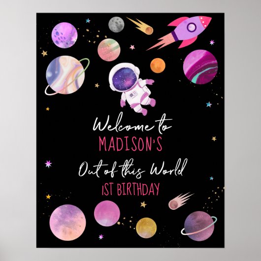 Roze Girl Astronaut Buitenspatie Birthday Welkom Poster (Voorkant)