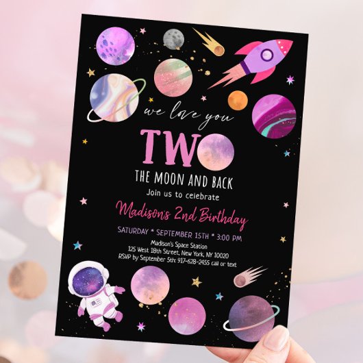 Roze Girl Astronaut Space Two The Moon Birthday Kaart