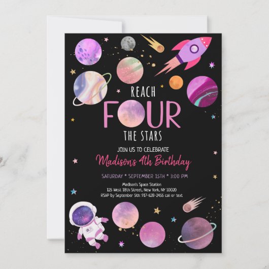 Roze Girl Astronaut Space Vierde verjaardag Kaart (Voorkant)