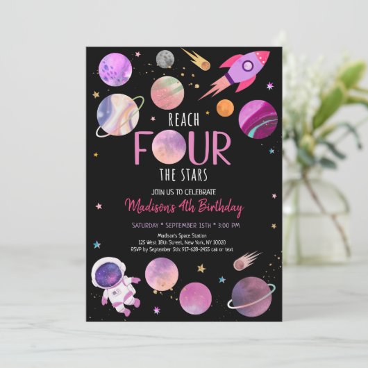 Roze Girl Astronaut Space Vierde verjaardag Kaart (Staand voorkant)