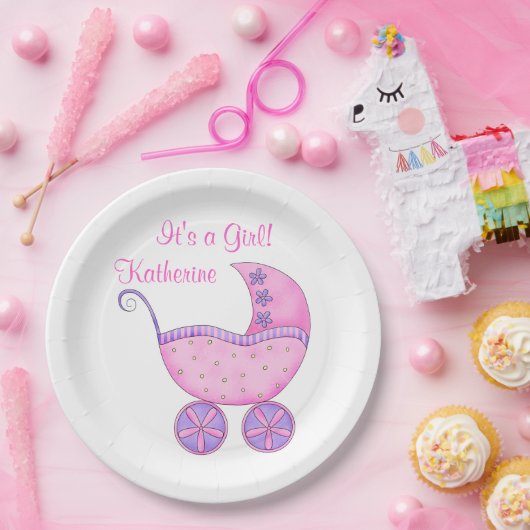 Roze Girl Baby Buggy is een meisjesnaam op maat Papieren Bordje (Feest)