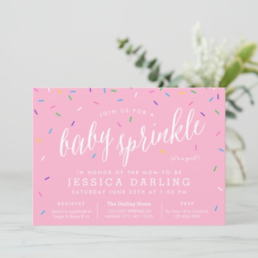 Roze Girl Baby Sprinkle Invitations Kaart (Staand voorkant)