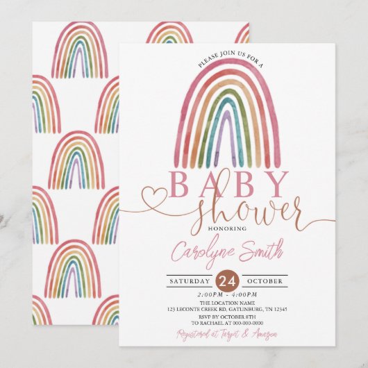 Roze Girl Boho Waterverf Rainbow Baby shower Kaart (Voorkant / Achterkant)
