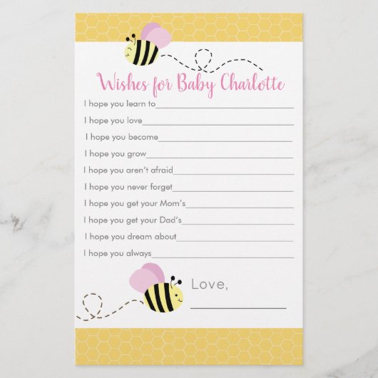 Roze Girl Bumble Bee Wishes for Baby Advice Kaarte (Voorkant)