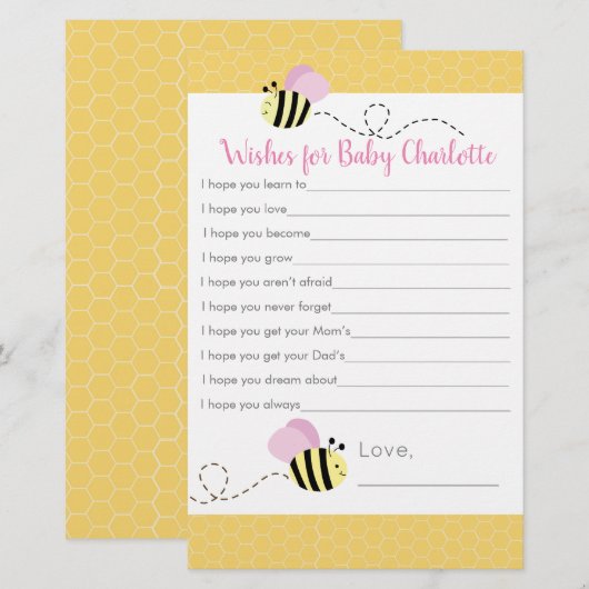 Roze Girl Bumble Bee Wishes for Baby Advice Kaarte (Voorkant / Achterkant)