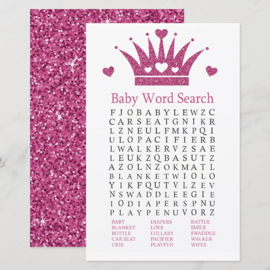Roze Girl Crown Baby shower Word Search Game (Voorkant / Achterkant)