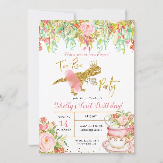 Roze Girl Dinosaur Tea-Rex Party Invitation Kaart (Voorkant)