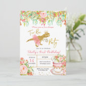 Roze Girl Dinosaur Tea-Rex Party Invitation Kaart (Staand voorkant)