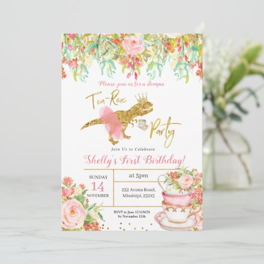 Roze Girl Dinosaur Tea-Rex Party Invitation Kaart (Staand voorkant)