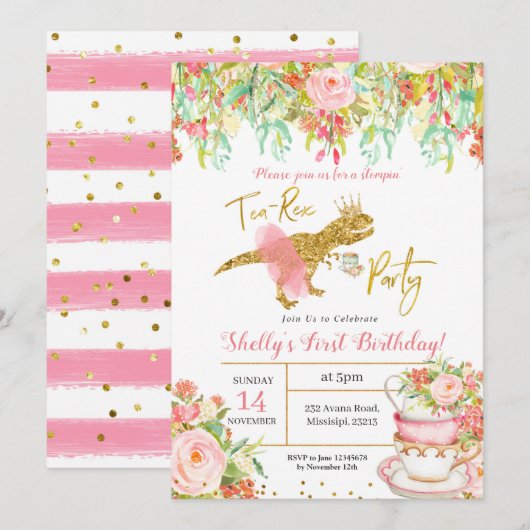 Roze Girl Dinosaur Tea-Rex Party Invitation Kaart (Voorkant / Achterkant)